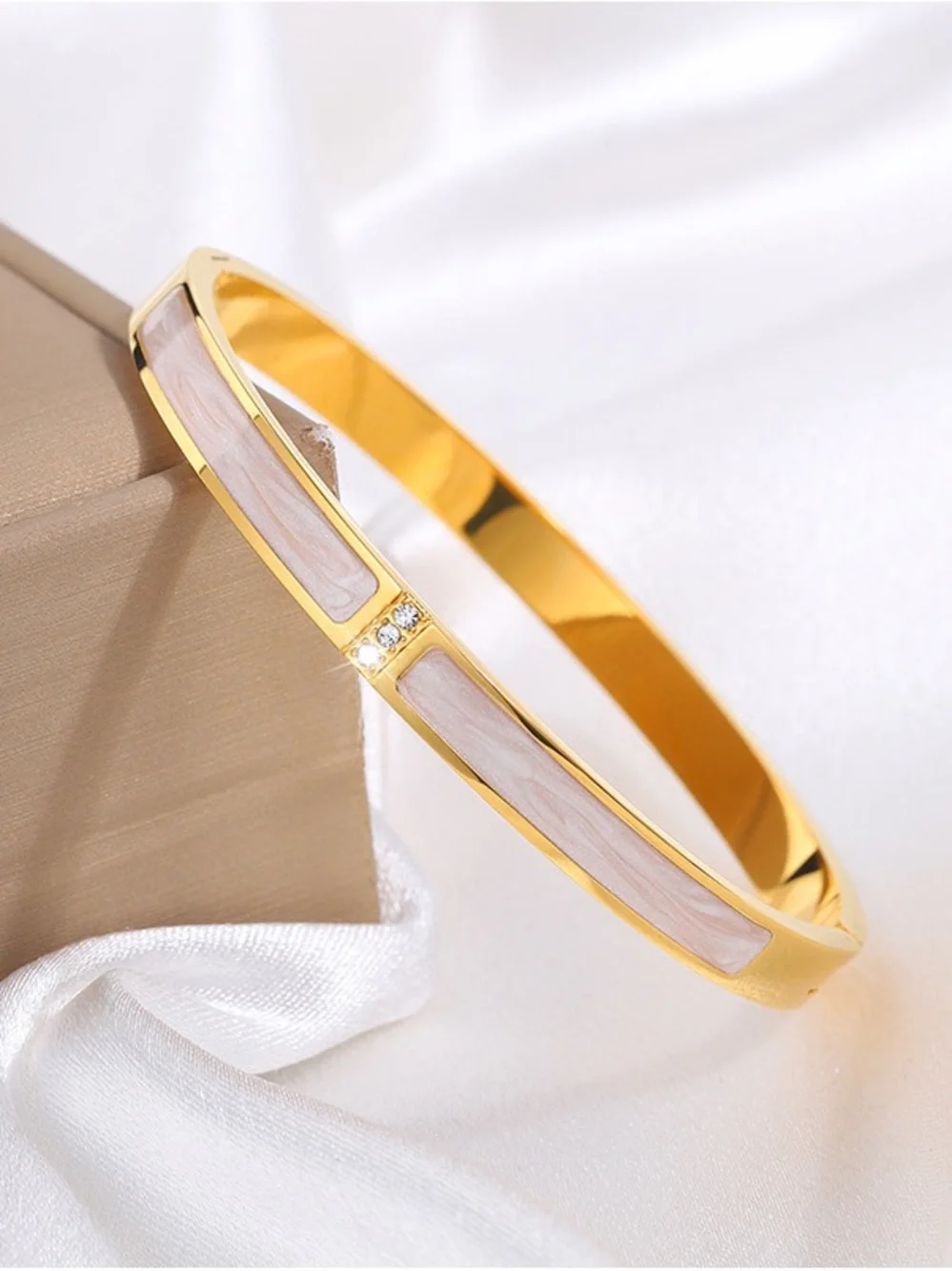 Stainless Steel Gold Bangle Bracelet with White Inlay and Crystal Accents